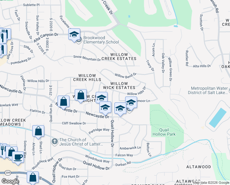 map of restaurants, bars, coffee shops, grocery stores, and more near 8931 South Quail Hollow Drive in Sandy