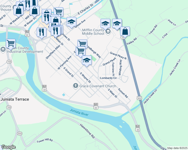 map of restaurants, bars, coffee shops, grocery stores, and more near 703 South Main Street in Lewistown