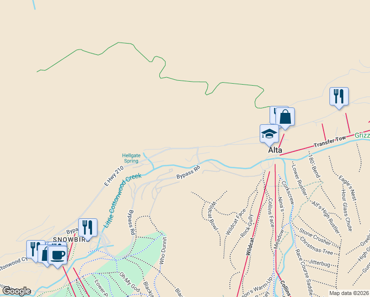 map of restaurants, bars, coffee shops, grocery stores, and more near 9781 Hellgate Road in Alta