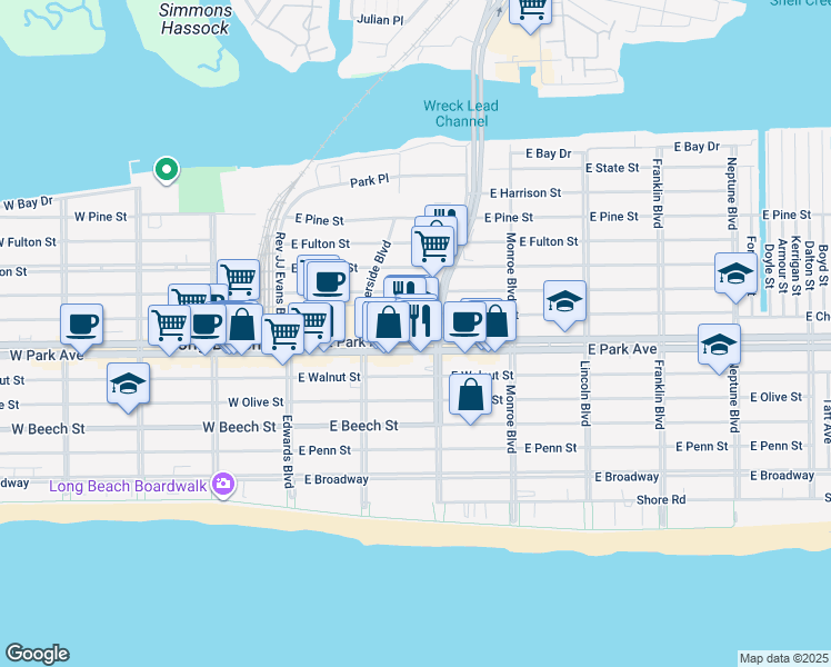 map of restaurants, bars, coffee shops, grocery stores, and more near 164 East Park Avenue in Long Beach