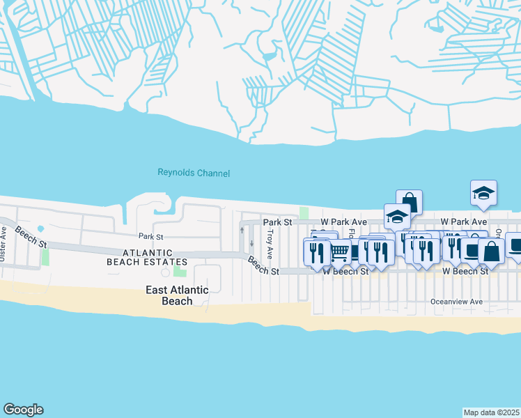 map of restaurants, bars, coffee shops, grocery stores, and more near 58 Bay Street in East Atlantic Beach