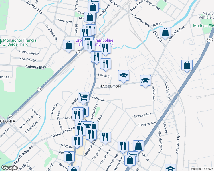 map of restaurants, bars, coffee shops, grocery stores, and more near 411 Peach Street in Woodbridge Township
