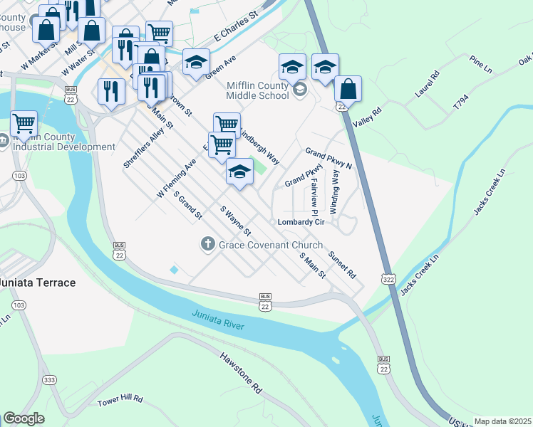 map of restaurants, bars, coffee shops, grocery stores, and more near 703 South Main Street in Lewistown