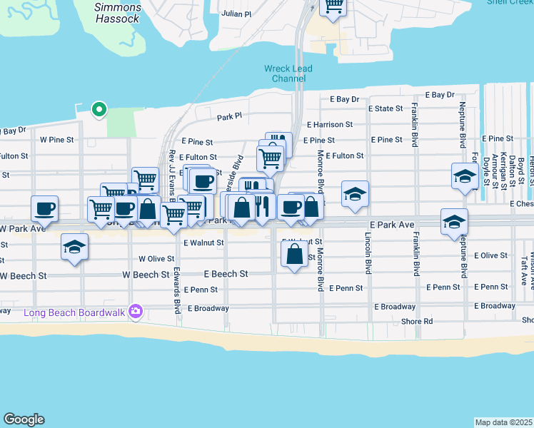 map of restaurants, bars, coffee shops, grocery stores, and more near 164 East Park Avenue in Long Beach