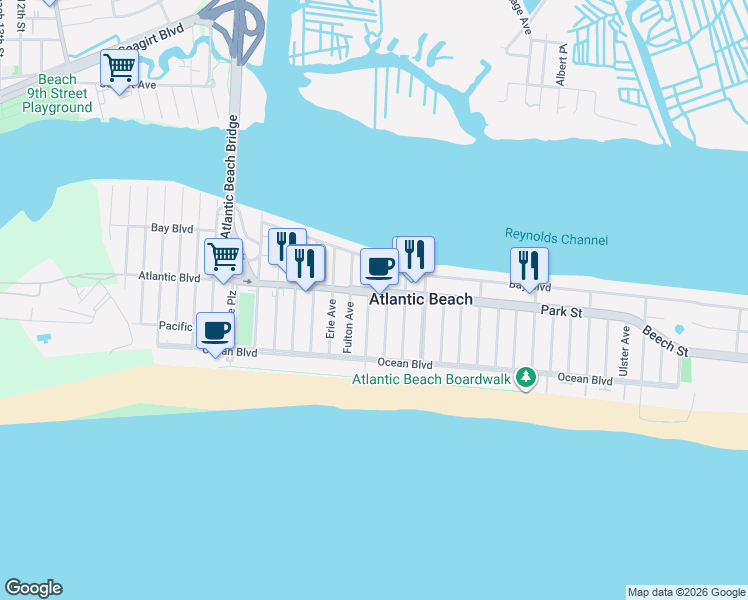 map of restaurants, bars, coffee shops, grocery stores, and more near 78 Genesee Boulevard in Atlantic Beach