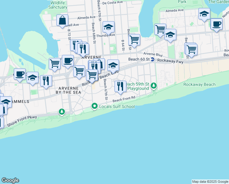 map of restaurants, bars, coffee shops, grocery stores, and more near 114 Beach Way in Queens