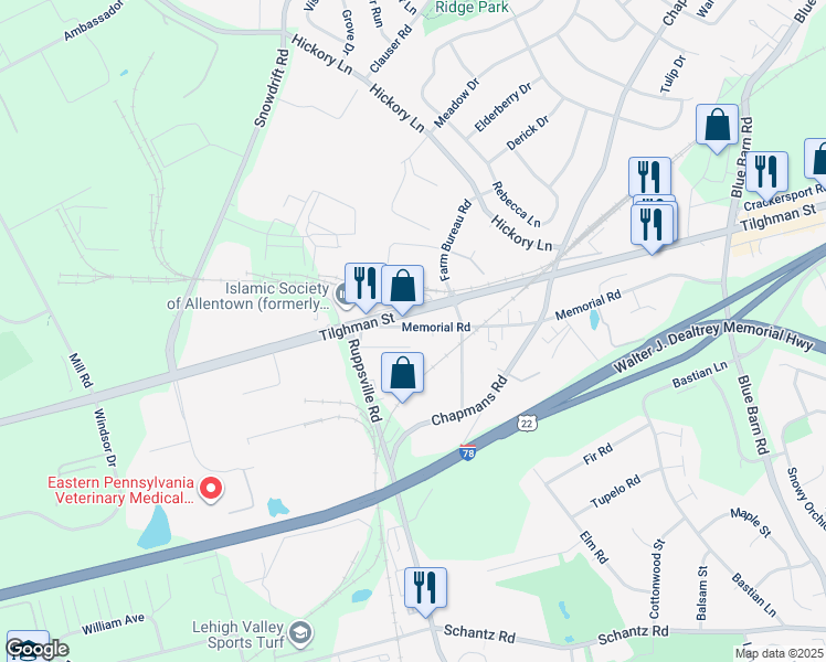 map of restaurants, bars, coffee shops, grocery stores, and more near 6512 Memorial Road in Allentown