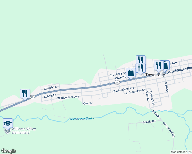 map of restaurants, bars, coffee shops, grocery stores, and more near 113 West Colliery Avenue in Tower City