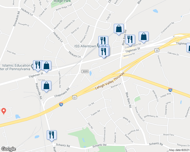 map of restaurants, bars, coffee shops, grocery stores, and more near 515 Ponds Edge Lane in Allentown