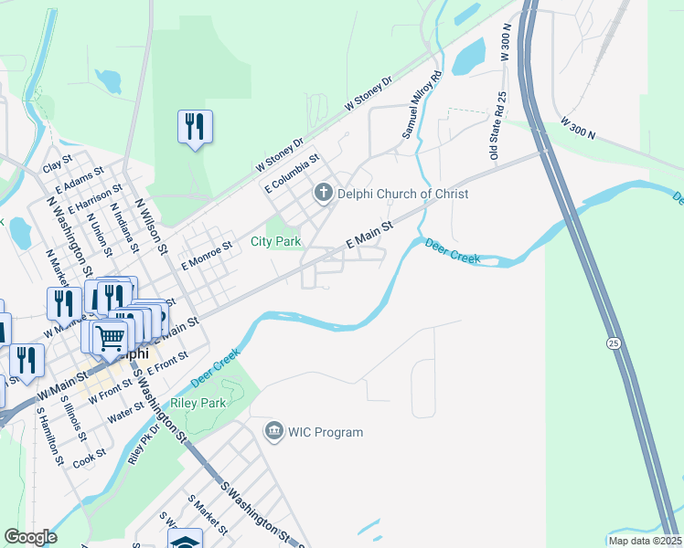 map of restaurants, bars, coffee shops, grocery stores, and more near 745 Mill Street in Delphi