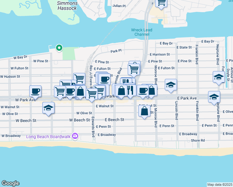 map of restaurants, bars, coffee shops, grocery stores, and more near 101 East Park Avenue in Long Beach