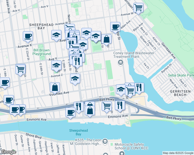 map of restaurants, bars, coffee shops, grocery stores, and more near 2637 Batchelder Street in Brooklyn