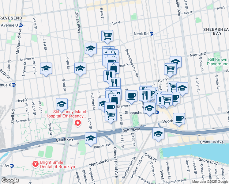 map of restaurants, bars, coffee shops, grocery stores, and more near 2785 Coney Island Avenue in Brooklyn