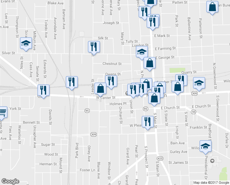 map of restaurants, bars, coffee shops, grocery stores, and more near 127 Canby Court in Marion