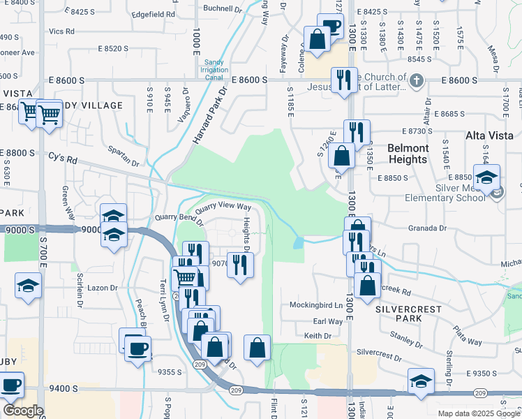 map of restaurants, bars, coffee shops, grocery stores, and more near 8935 Quarry Stone Way in Sandy