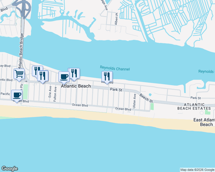 map of restaurants, bars, coffee shops, grocery stores, and more near 100 Nassau Avenue in Atlantic Beach