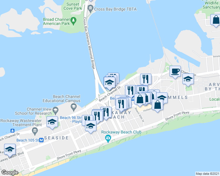 map of restaurants, bars, coffee shops, grocery stores, and more near 3-75 Beach 92nd Street in Queens