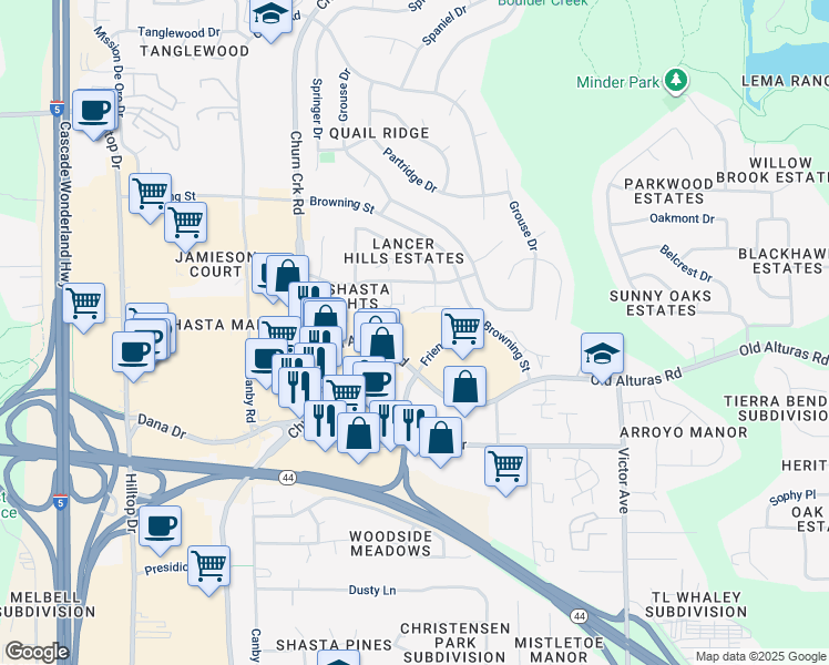 map of restaurants, bars, coffee shops, grocery stores, and more near 980 Old Alturas Road in Redding