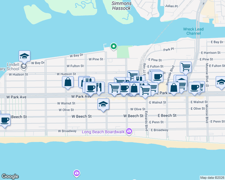 map of restaurants, bars, coffee shops, grocery stores, and more near 185 West Park Avenue in Long Beach