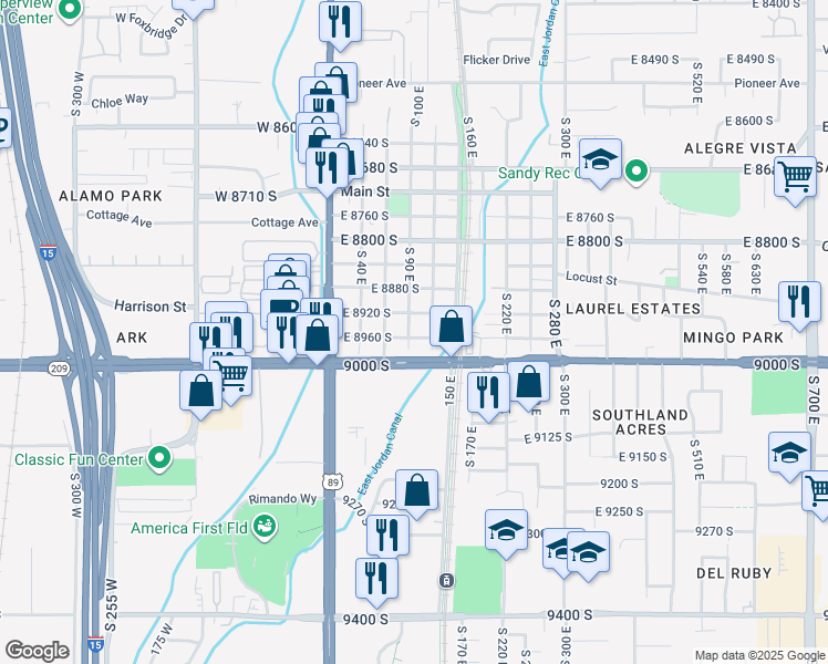 map of restaurants, bars, coffee shops, grocery stores, and more near 8953 South 90 East in Sandy