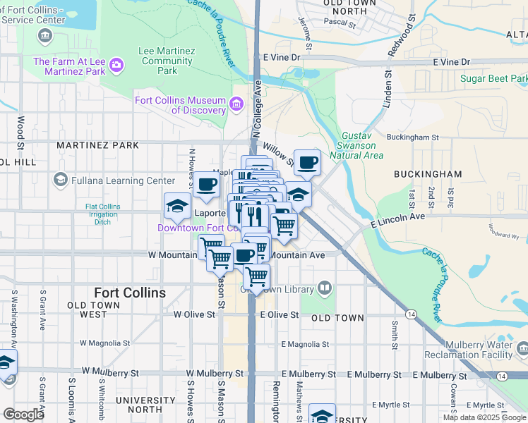 map of restaurants, bars, coffee shops, grocery stores, and more near 172 North College Avenue in Fort Collins