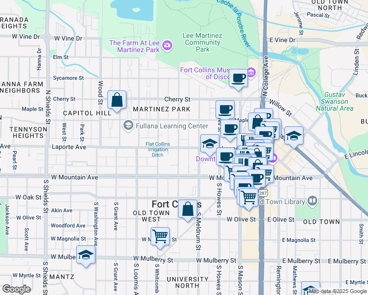 map of restaurants, bars, coffee shops, grocery stores, and more near 134 North Sherwood Street in Fort Collins