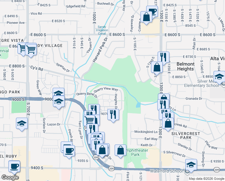 map of restaurants, bars, coffee shops, grocery stores, and more near 8955 Heights Drive in Sandy