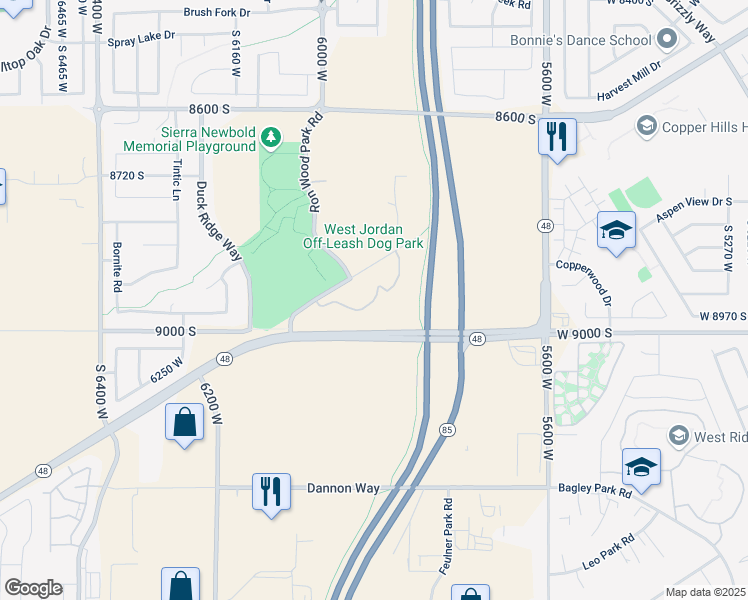 map of restaurants, bars, coffee shops, grocery stores, and more near 5899 Rivendell Drive in West Jordan