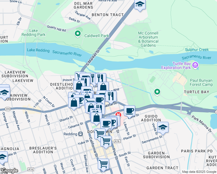 map of restaurants, bars, coffee shops, grocery stores, and more near 1203 East Street in Redding