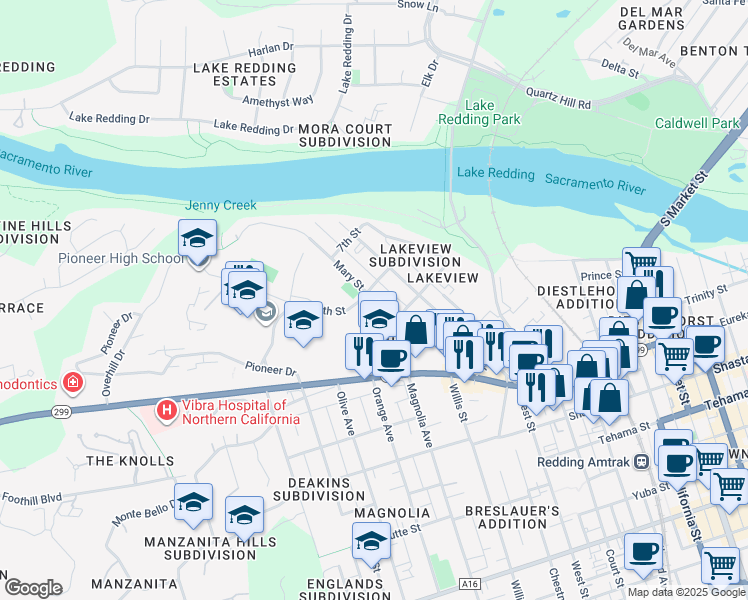 map of restaurants, bars, coffee shops, grocery stores, and more near 900 Magnolia Avenue in Redding