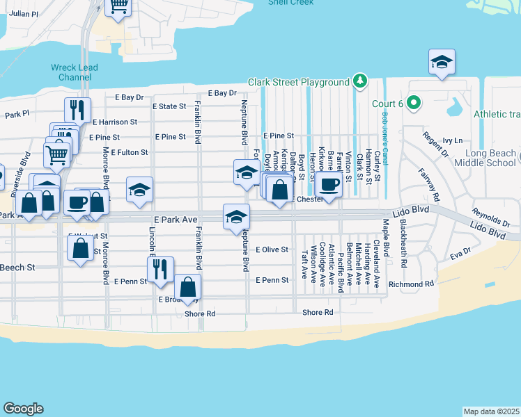 map of restaurants, bars, coffee shops, grocery stores, and more near 630 East Park Avenue in Long Beach