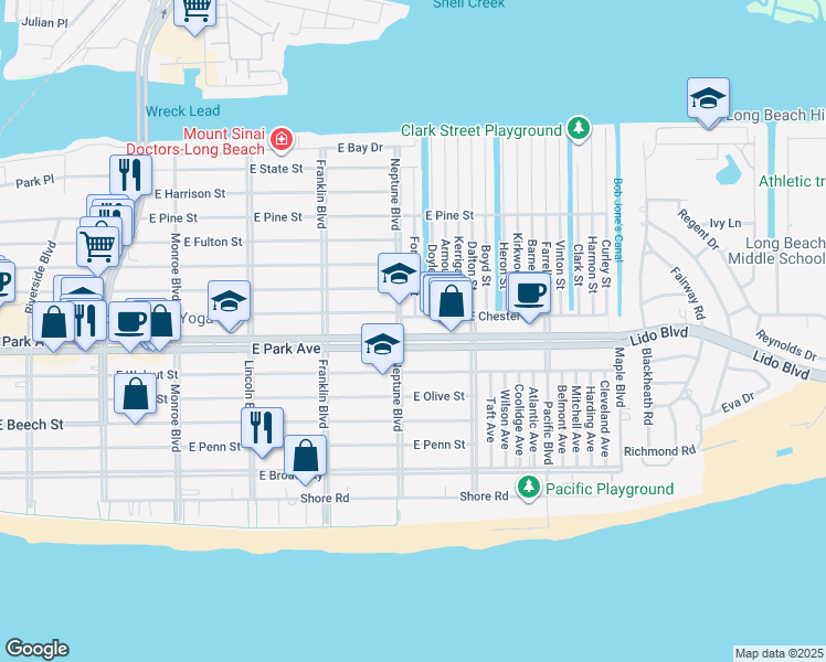 map of restaurants, bars, coffee shops, grocery stores, and more near 630 East Park Avenue in Long Beach