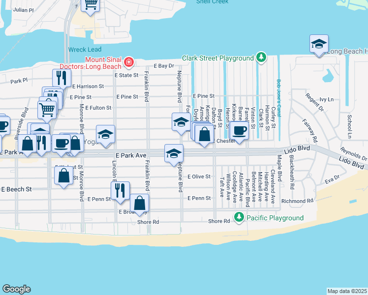 map of restaurants, bars, coffee shops, grocery stores, and more near 568 East Park Avenue in Long Beach