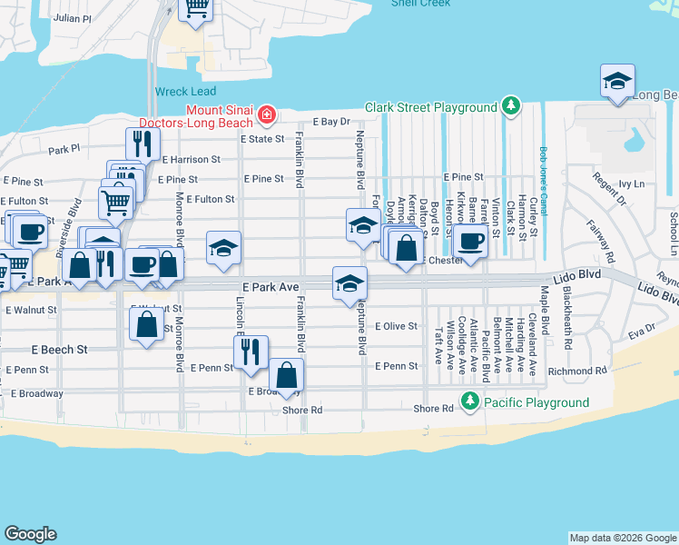 map of restaurants, bars, coffee shops, grocery stores, and more near 530 East Park Avenue in Long Beach