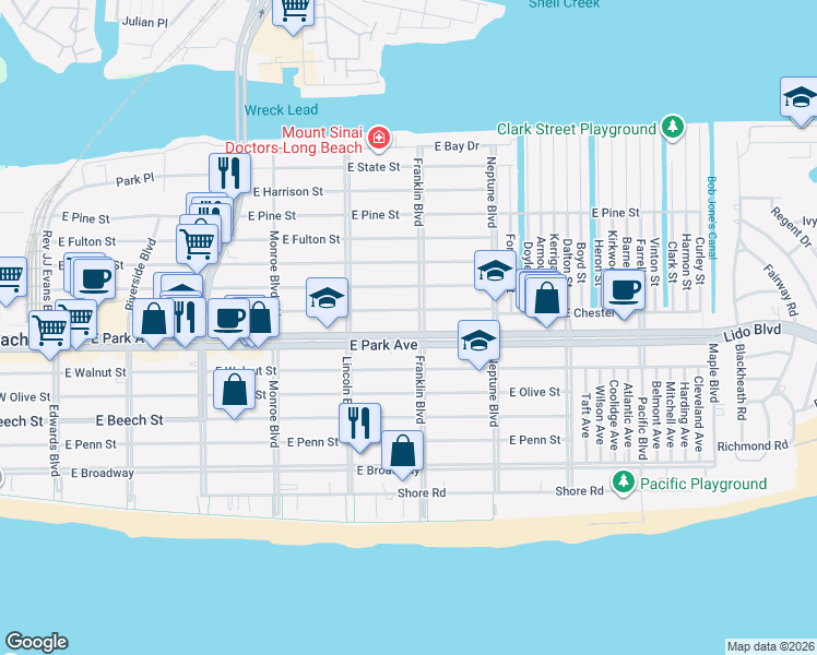 map of restaurants, bars, coffee shops, grocery stores, and more near 311 Franklin Boulevard in Long Beach