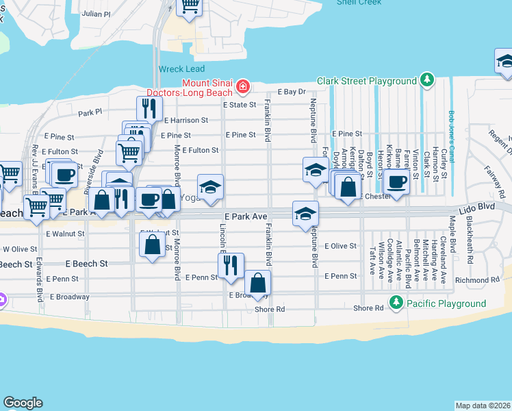 map of restaurants, bars, coffee shops, grocery stores, and more near 470 East Park Avenue in Long Beach