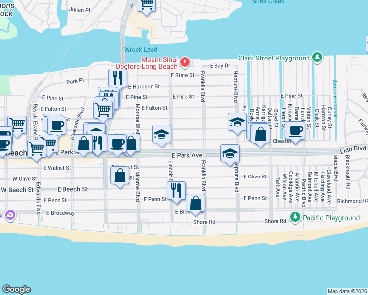 map of restaurants, bars, coffee shops, grocery stores, and more near 430 East Park Avenue in Long Beach