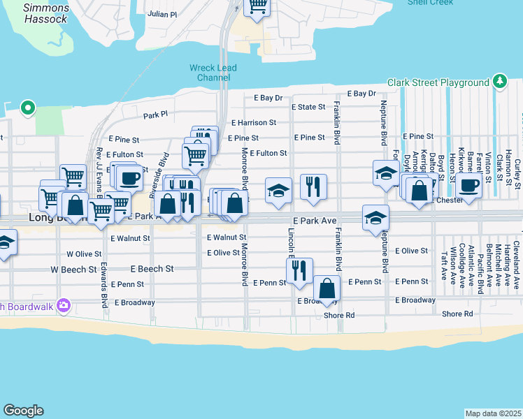 map of restaurants, bars, coffee shops, grocery stores, and more near 315 East Walnut Street in Long Beach