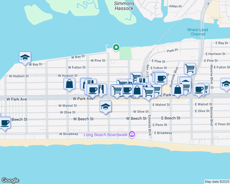 map of restaurants, bars, coffee shops, grocery stores, and more near 178 West Park Avenue in Long Beach