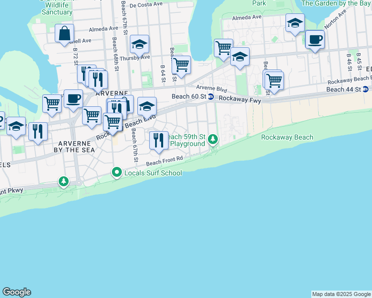 map of restaurants, bars, coffee shops, grocery stores, and more near 6116 Beach Front Road in Queens