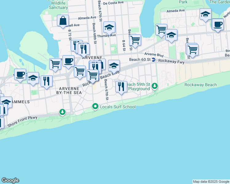 map of restaurants, bars, coffee shops, grocery stores, and more near 114 Beach Way in Queens