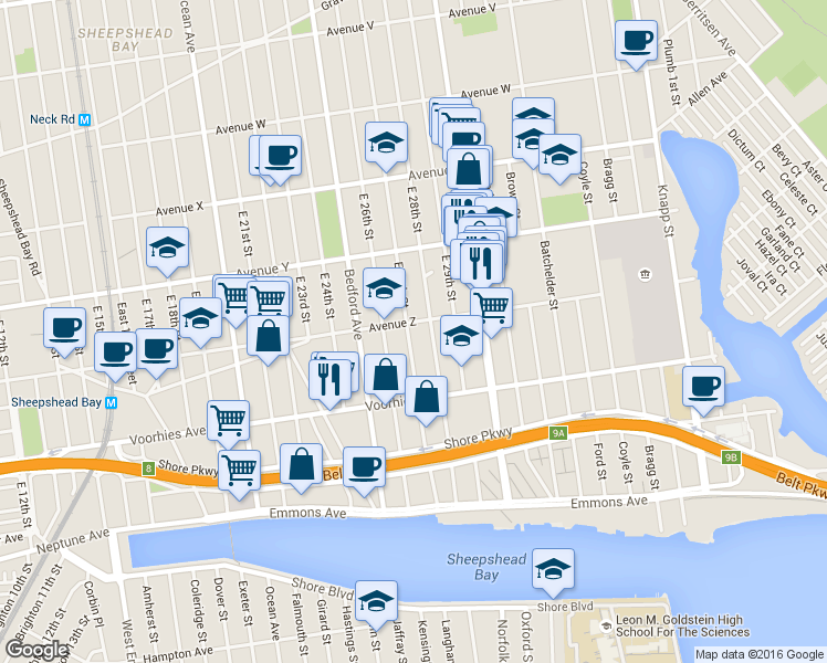 map of restaurants, bars, coffee shops, grocery stores, and more near 2629 East 27th Street in Brooklyn