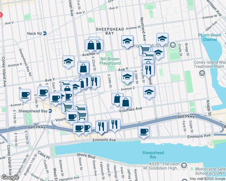 map of restaurants, bars, coffee shops, grocery stores, and more near 2615 East 24th Street in Brooklyn