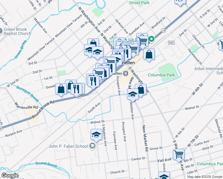 map of restaurants, bars, coffee shops, grocery stores, and more near in Dunellen