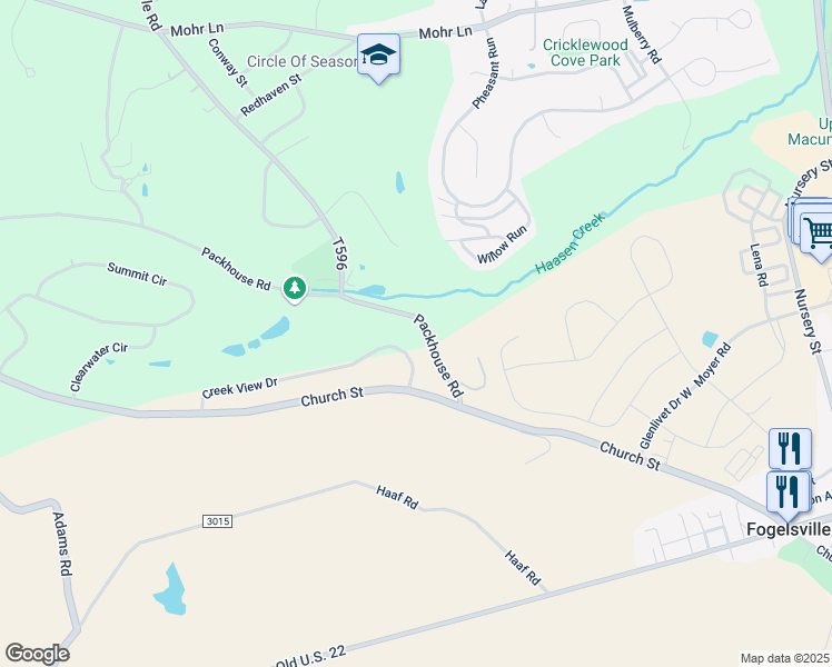 map of restaurants, bars, coffee shops, grocery stores, and more near 1719 Creek View Drive in Fogelsville