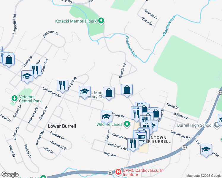 map of restaurants, bars, coffee shops, grocery stores, and more near 233 Fairhaven Drive in New Kensington