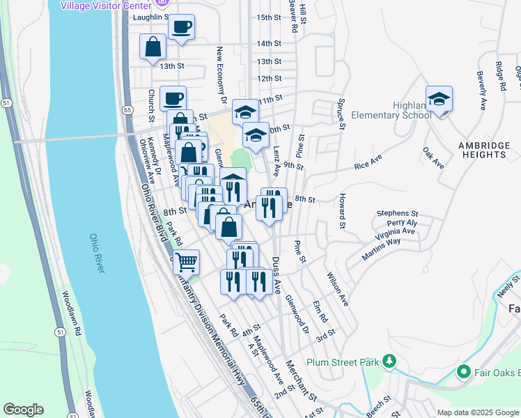 map of restaurants, bars, coffee shops, grocery stores, and more near 648 Glenwood Avenue in Ambridge