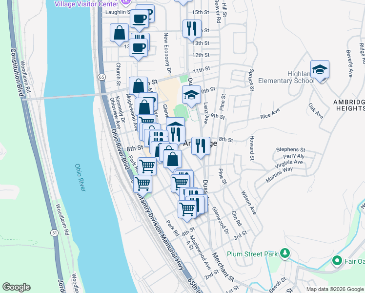 map of restaurants, bars, coffee shops, grocery stores, and more near 648 Glenwood Avenue in Ambridge