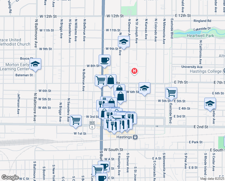 map of restaurants, bars, coffee shops, grocery stores, and more near 500-598 North Lincoln Avenue in Hastings