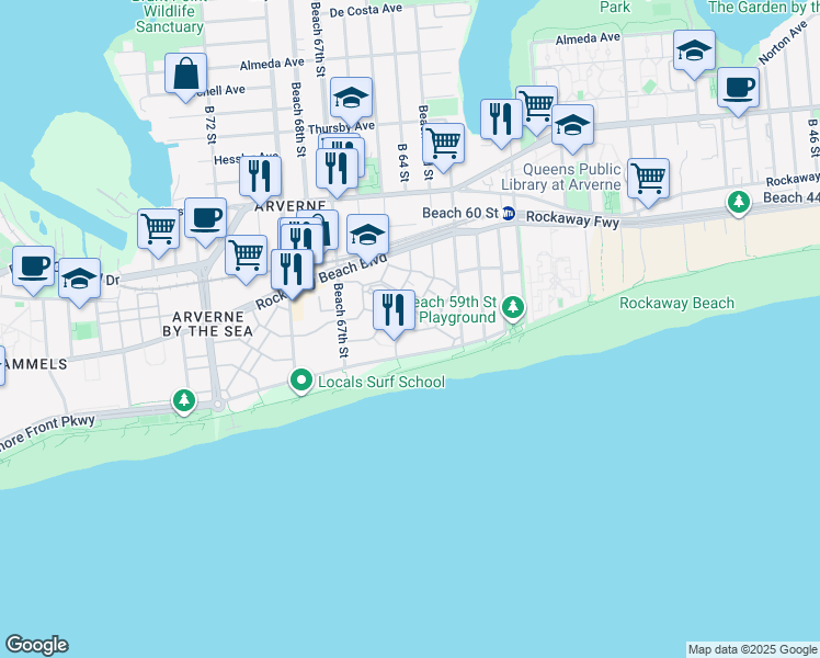 map of restaurants, bars, coffee shops, grocery stores, and more near Ocean Avenue South in Queens